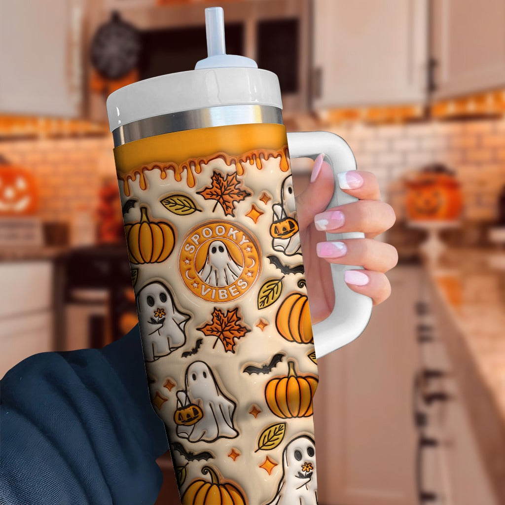 Spooky Pumpkin Vibe Print 3D 40oz Tumbler with Handle, Halloween Gifts