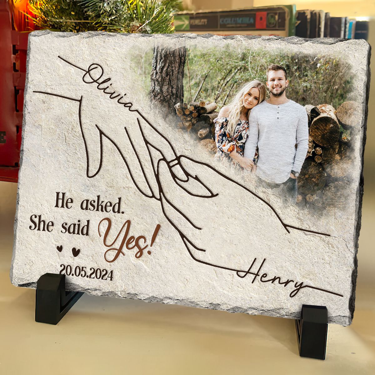 She Said Yes Personalized Rectangular Stone, Photo Slate, Anniversary Gift For Couple