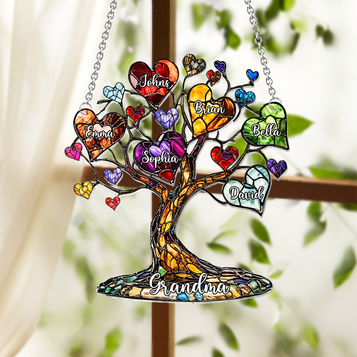 Grandma Heart Tree Personalized Family Stained Glass Suncatcher, Gift For Mom, Grandma