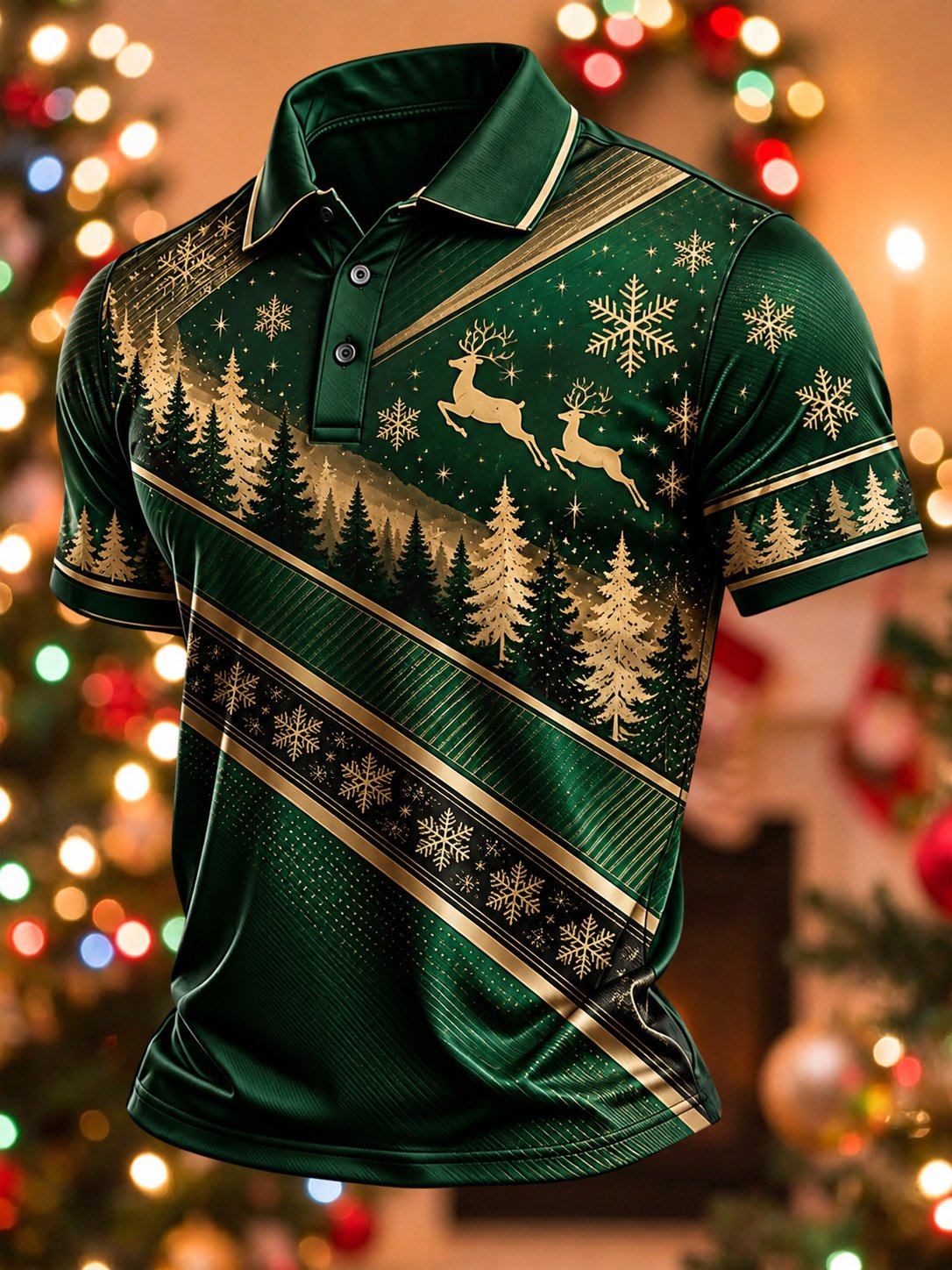 Gold Reindeer Pine Forest Christmas Polo Shirt for Men