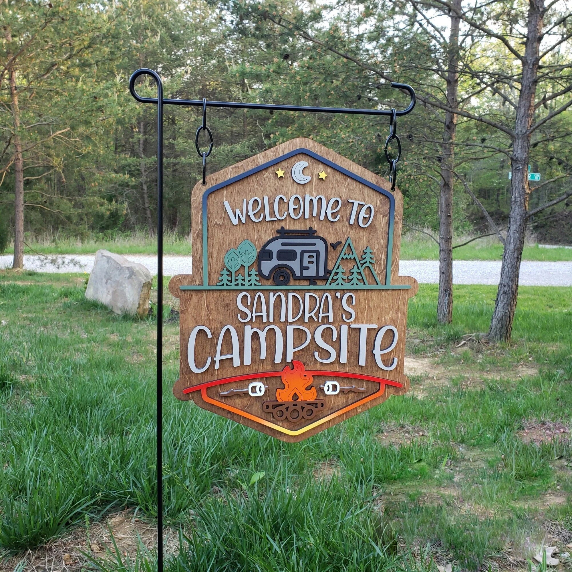 Welcome To Our Campsite, Personalized Camping Chain Included Sign, Family Name Camper Decoration