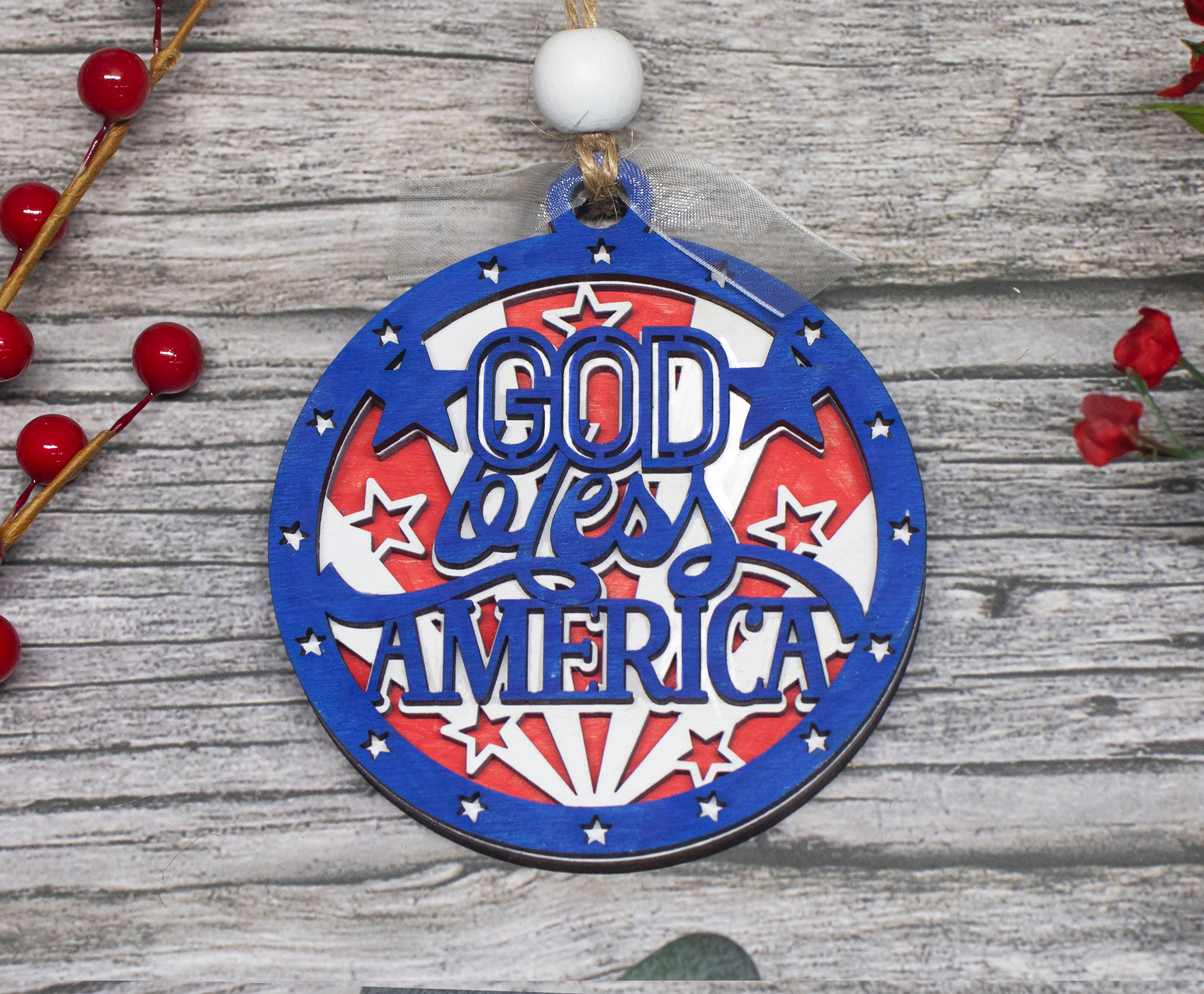 God Bless America, Patriotic Ornament, America Christmas Ornament, 3-Layer Wooden Ornament