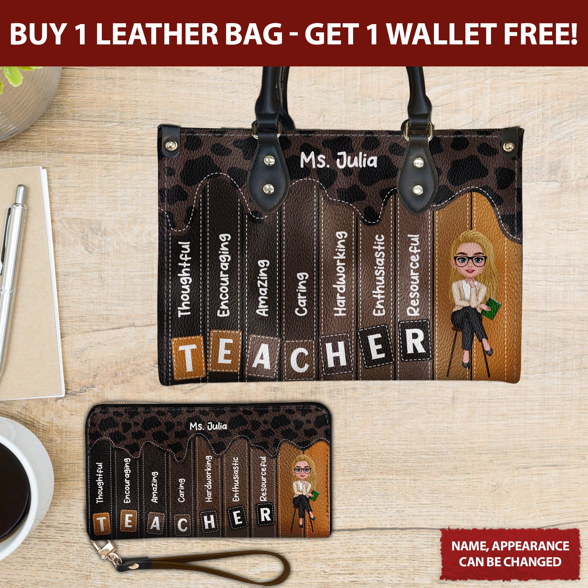 Teacher Features Personalized Leather Handbag, Teacher Appreciation Gift