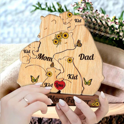 Custom Engraved Wooden Bears Family Sunflower Puzzle, Family Puzzle with Engraved Stand Keepsake Home Decor for Mother's Day Gift