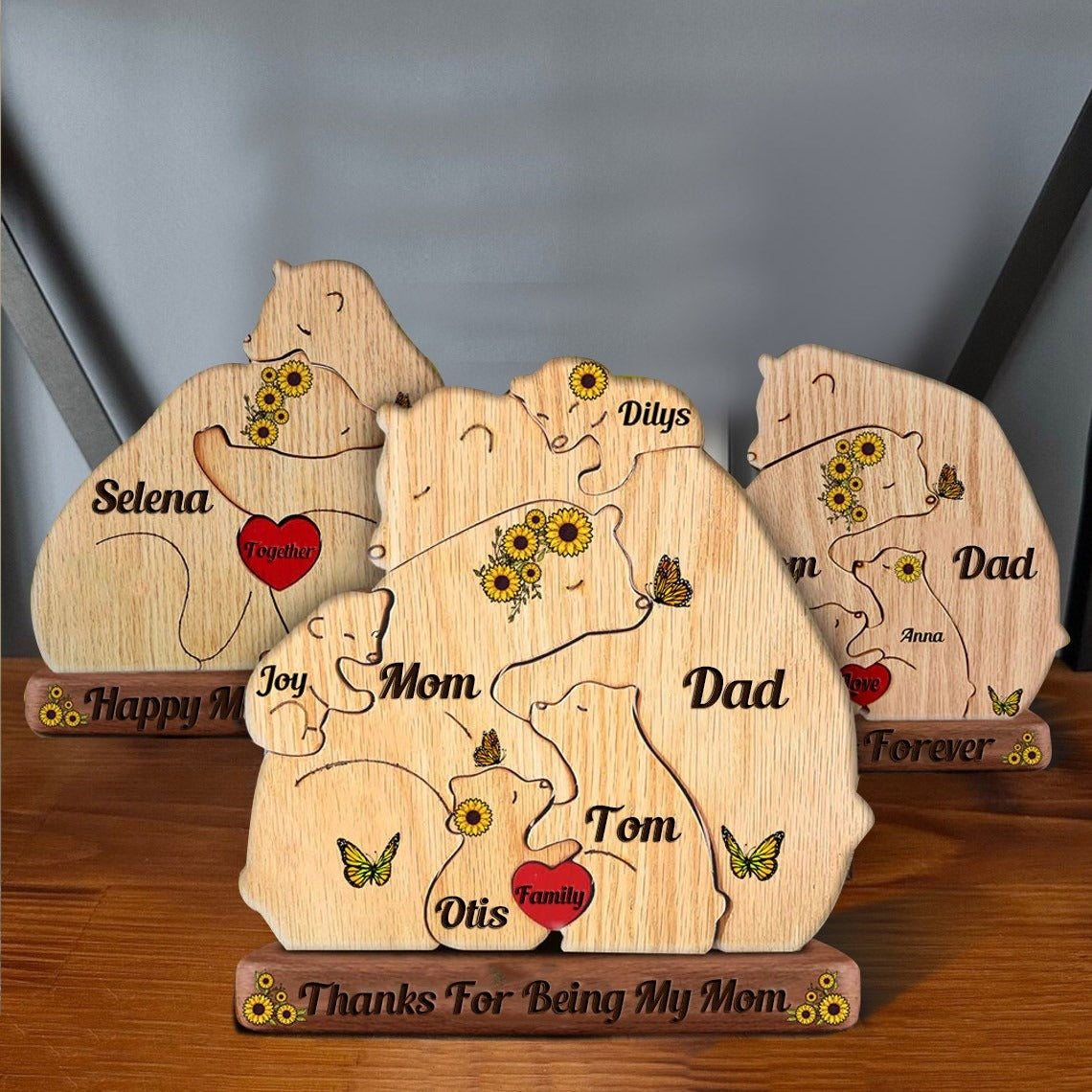 Custom Engraved Wooden Bears Family Sunflower Puzzle, Family Puzzle with Engraved Stand Keepsake Home Decor for Mother's Day Gift