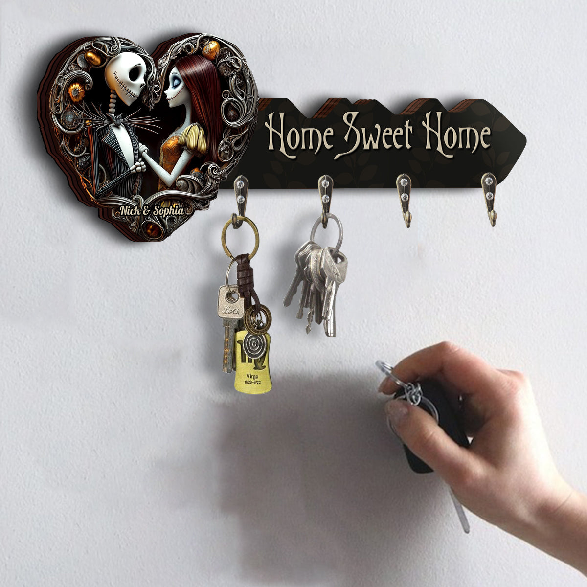 Home Sweet Home Skull Couple Wooden Key Holder, Entryway Key Holder, Wall Mount Key Holder