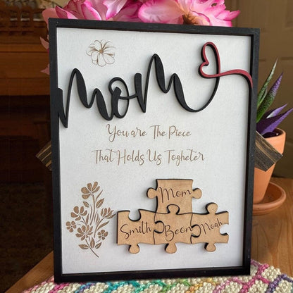 Personalized Mom Puzzle Wood Sign With Kids Name, Gifts For Mother's Day, You Are The Piece That Holds Us Together Home Wall Decor