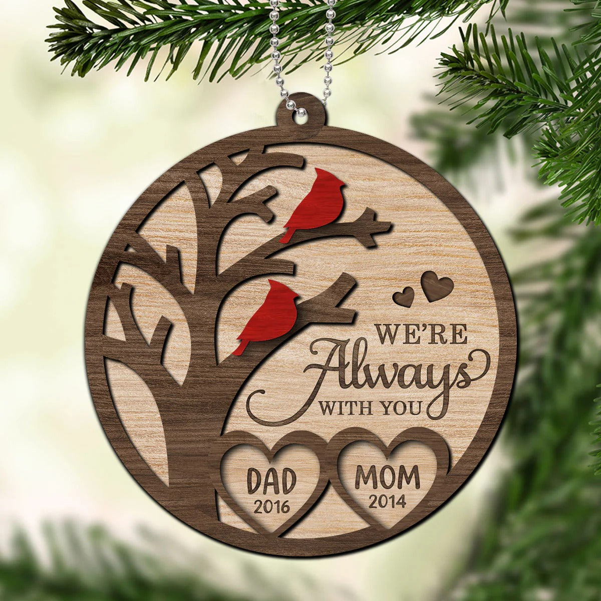 We're Always With You Cardinal Memorial Wood Christmas Ornament, Sympathy Gifts