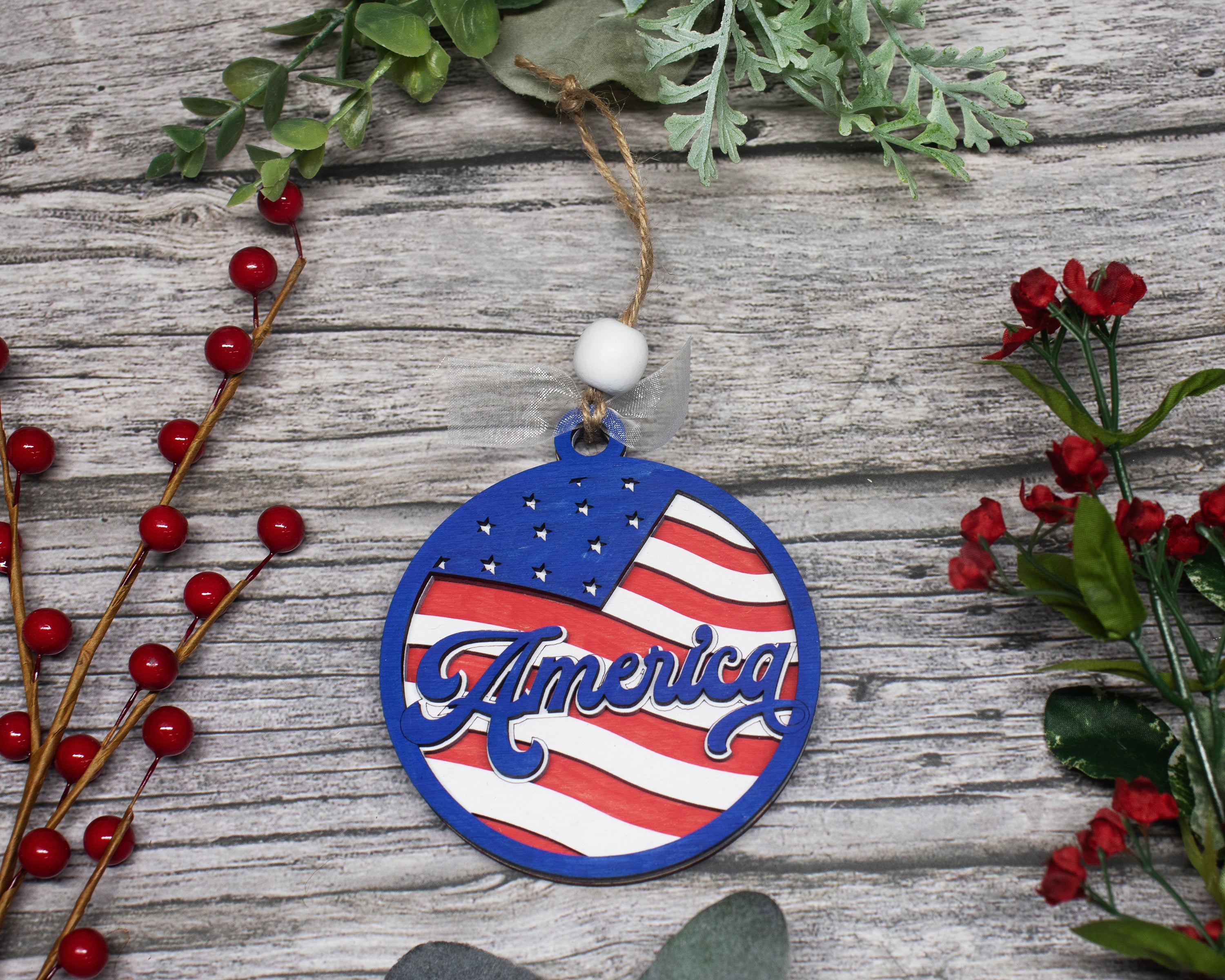 America Christmas Ornament, American Flag Patriotic Gifts, 3-Layer Wooden Ornament