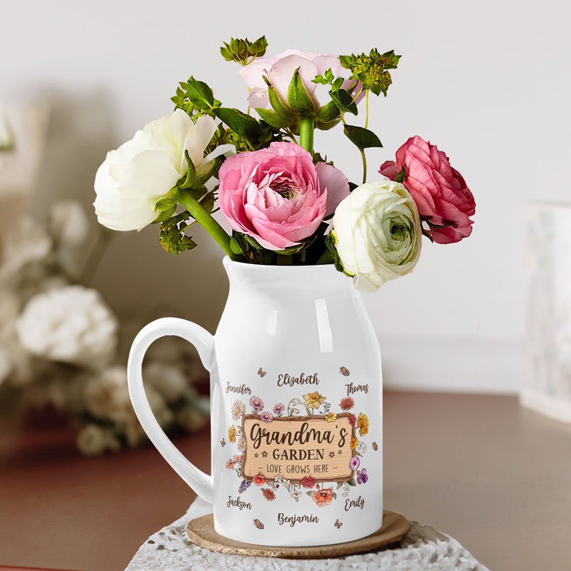 Grandma's Garden Love Grows Here - Family Personalized Custom Home Decor Flower Vase - House Warming Gift For Mom, Grandma