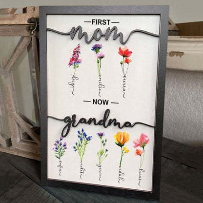 Personalized Grandma's Garden Birth Month Flower Frame Wood Sign, First Mom Now Grandma Sign, Present For Grandma With Grandchildren Names