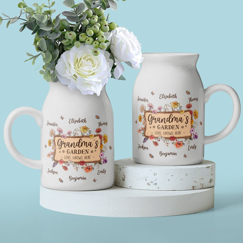Grandma's Garden Love Grows Here - Family Personalized Custom Home Decor Flower Vase - House Warming Gift For Mom, Grandma