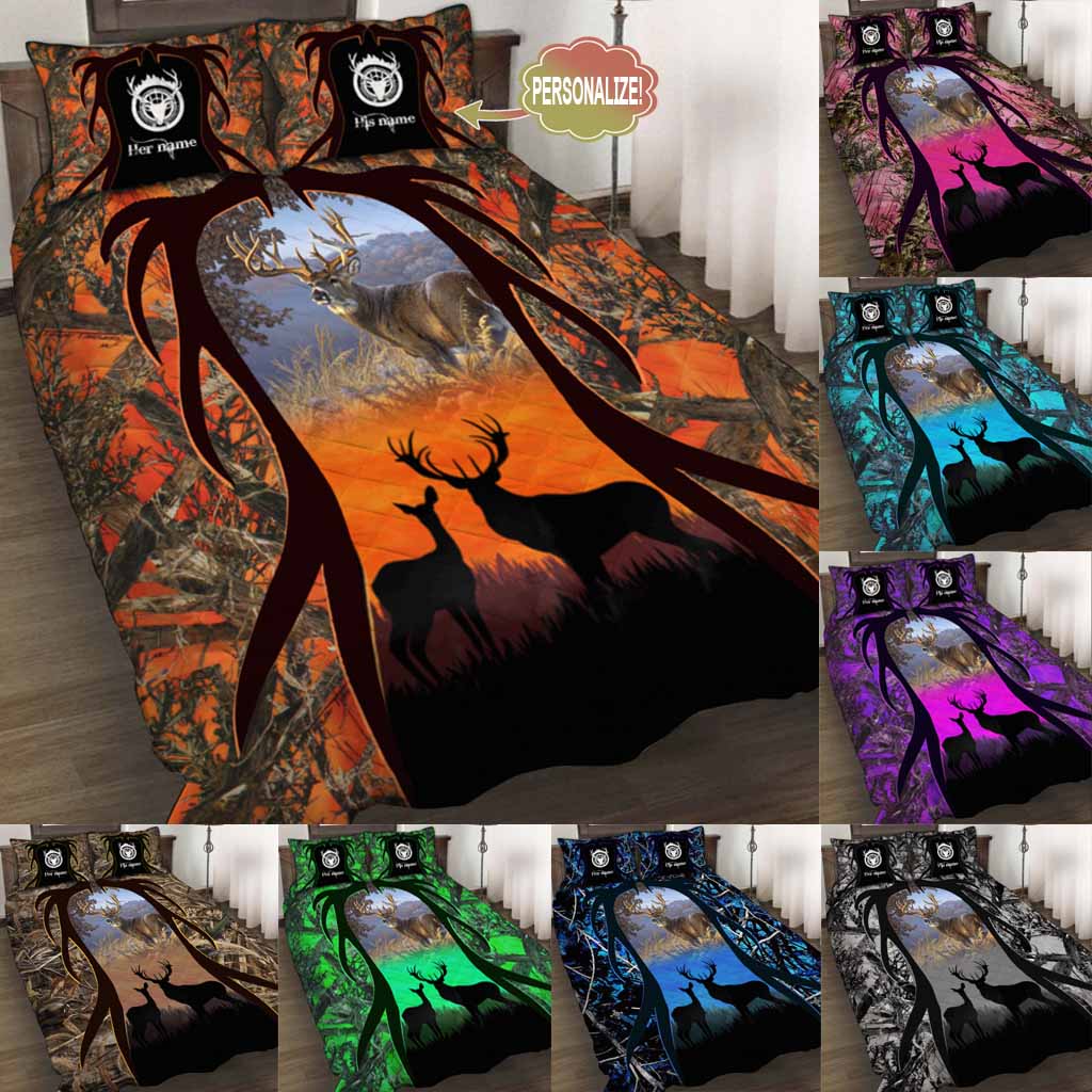 Deer Couple Personalized Quilt Bed Sets, Hunting Bedding Set, Valentine Gift For Couple