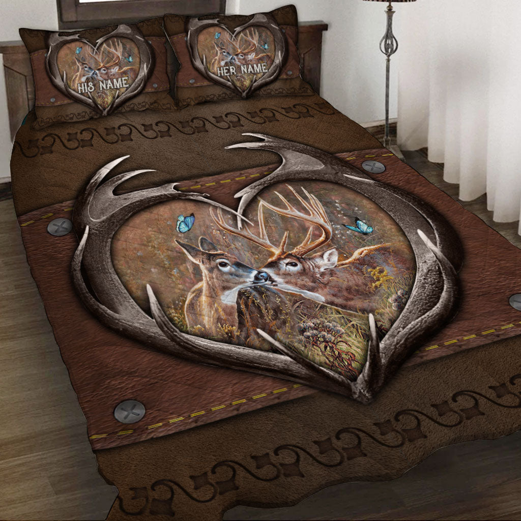 Personalized Reindeer Couple Hunting Quilt Bed Sets, Couple Bedding Set, Valentine Gift For Couple