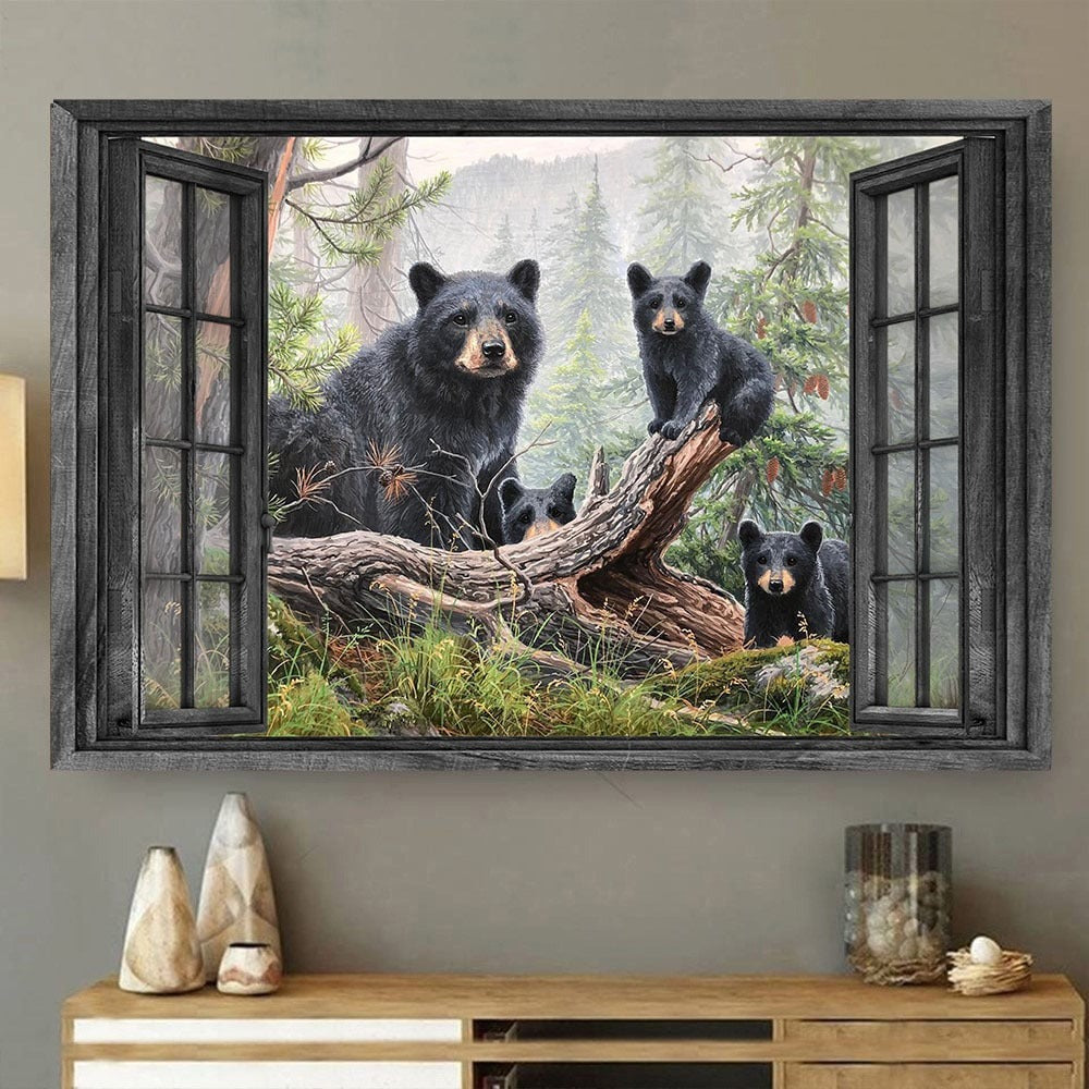 Bear 3D Window View Canvas Black Bear Mom And Cubs Wall Art, Home Decor Gifts