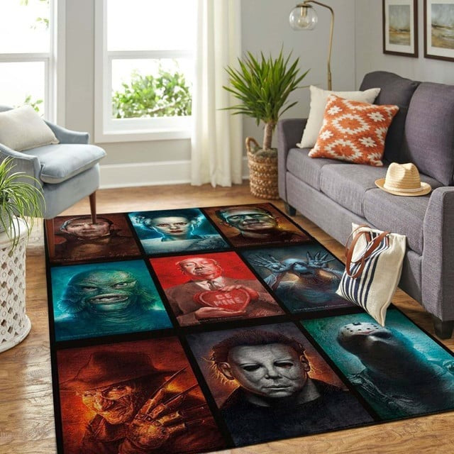 Horror Villain Characters Area Rug Carpet, Scary Movies Fan Gift, Halloween Decor