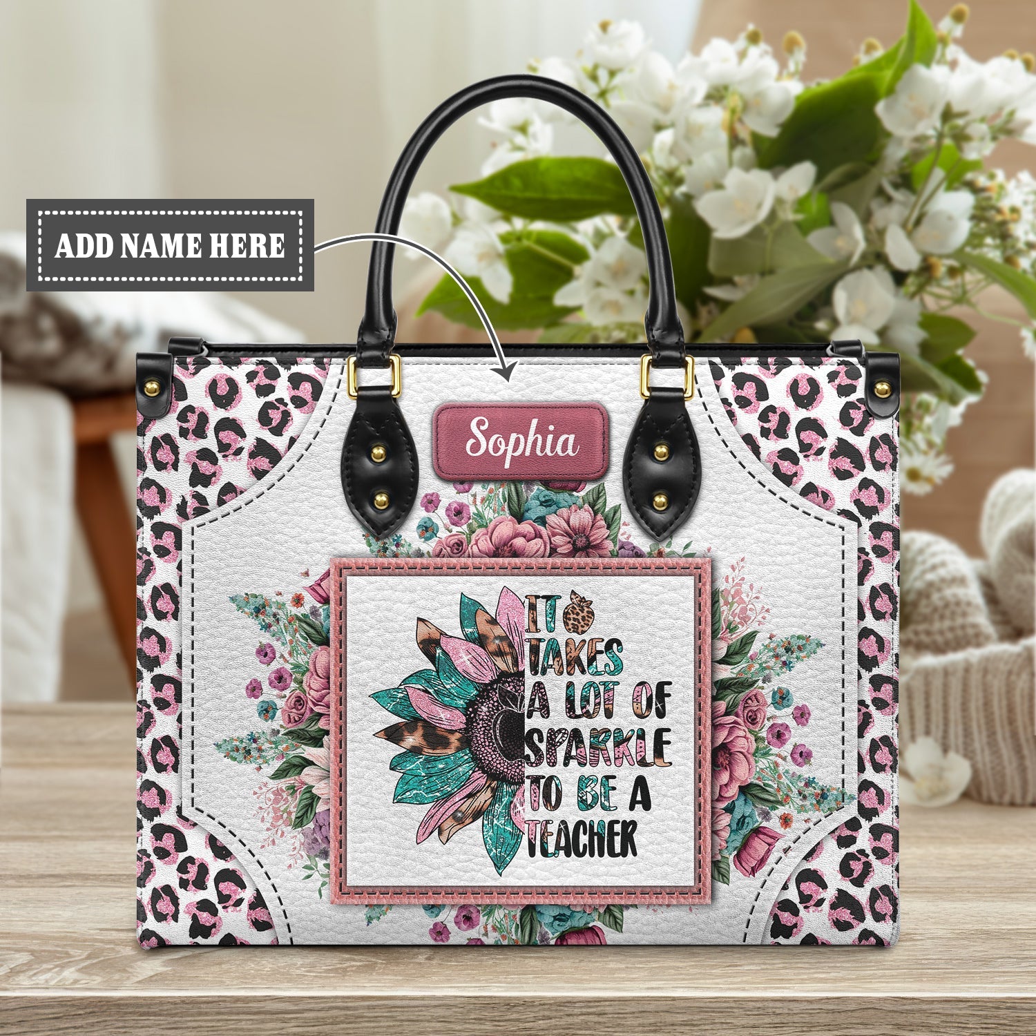 It Takes Lots Of Sparkle To Be A Teacher Leopard Sunflower Custom Elementary Teacher Bag, Teacher Appreciation Gifts