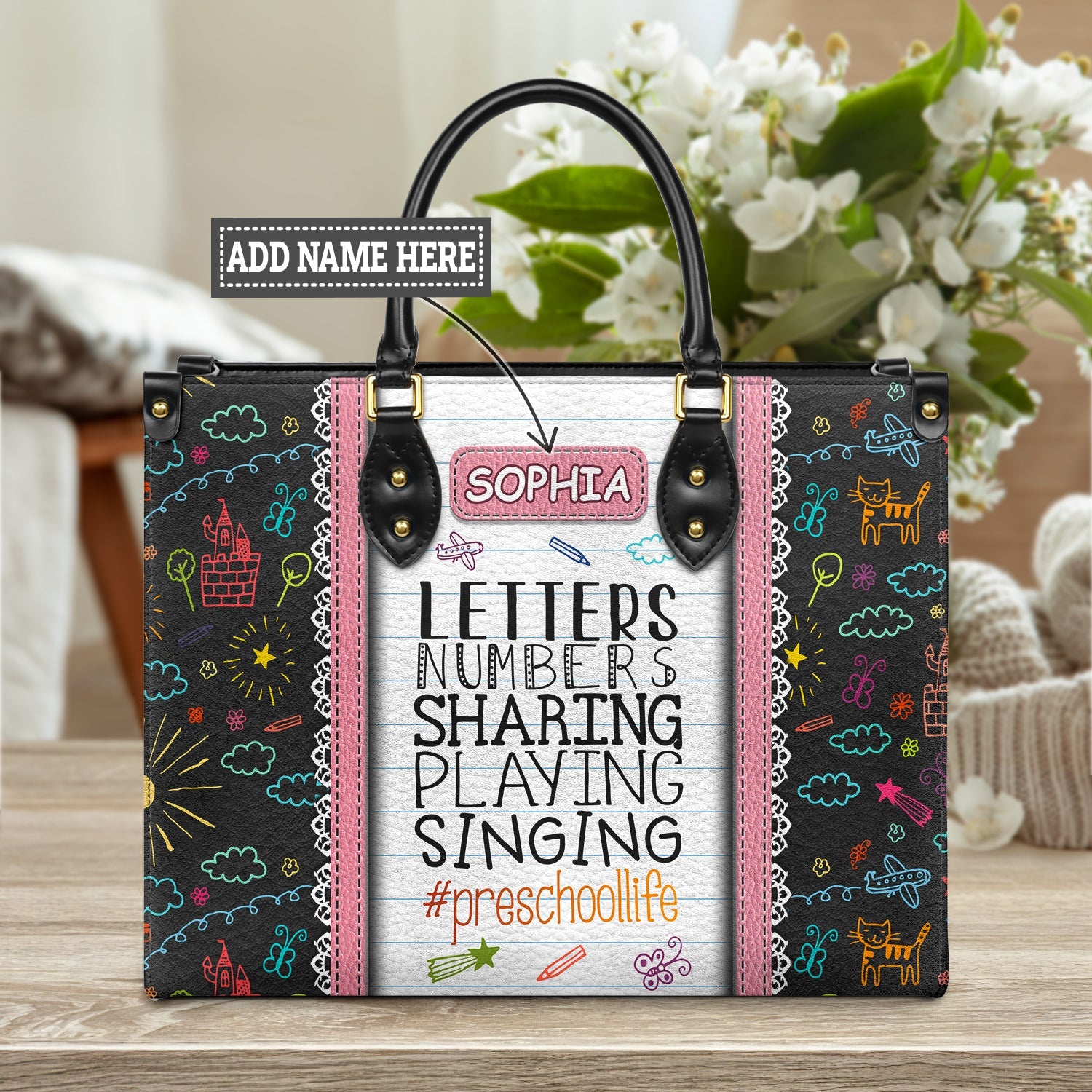 Letters Numbers Sharing Singing Playing Preschoollife Custom Elementary Teacher Bag, Teacher Appreciation Gifts