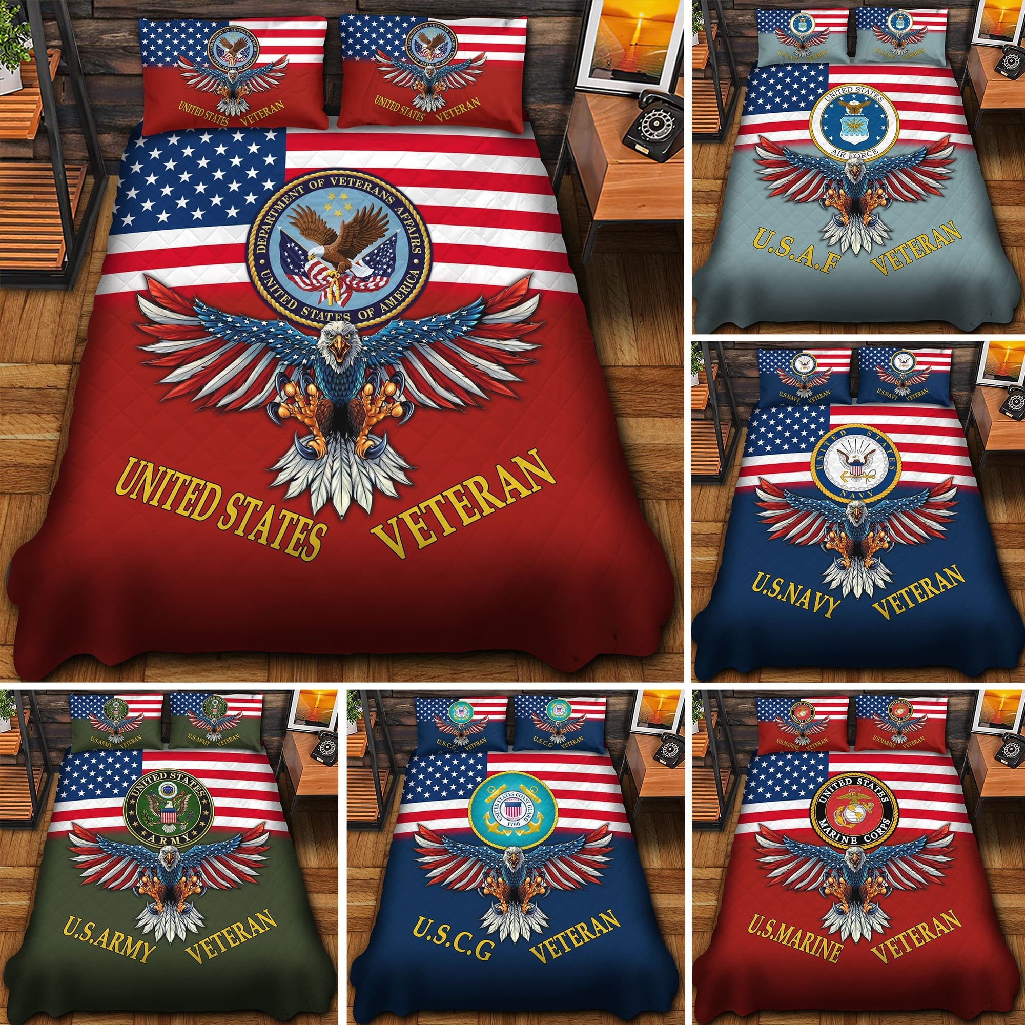 Premium Multiple US Military Services Veteran Quilt Bedding Set, Veteran Gift