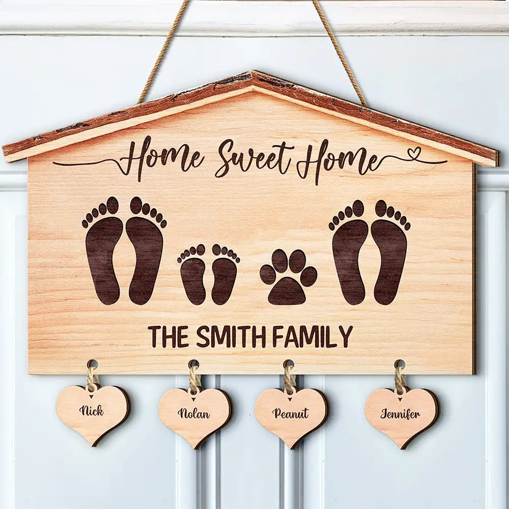 Home Sweet Home Family Wood Sign With Wooden Tags, Family Footprint Home Decor, Family Gift