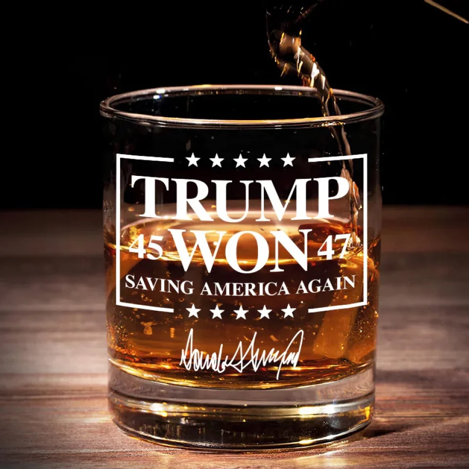 Trump2024 Saving America Again 45 47 Whiskey Glass, Old Fashioned Glass, Cool Christmas Gifts For Dad