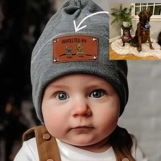 Protected by Dog Baby Beanie Hat By Using Pet Photo, Personalized Beanie Hat With Name, Infant Toddler Beanie, Newborn Gift, Dog Lover Gift