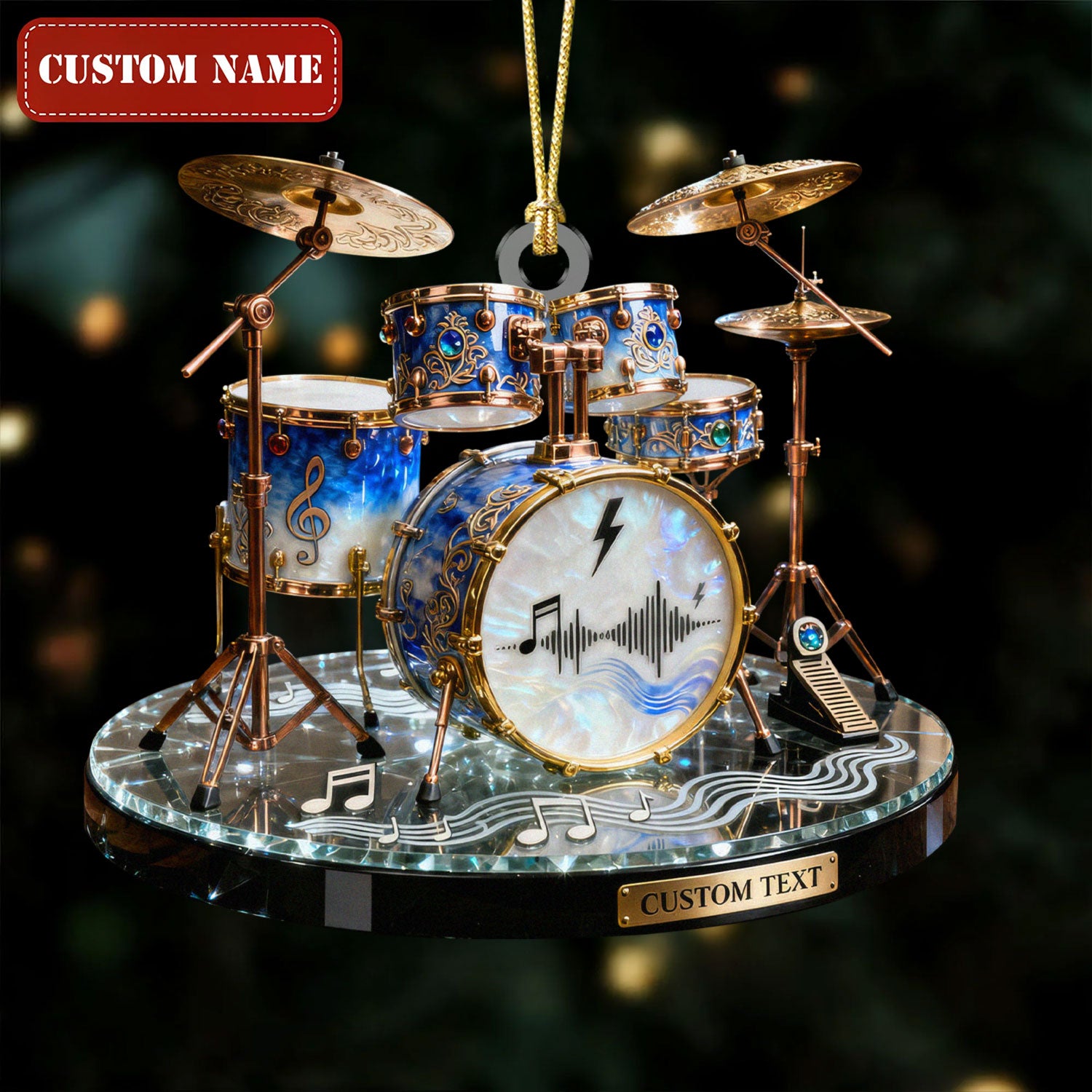 Luxury Crystal Drum Kit Custom Name Stained Glass Effect Acrylic Christmas Ornament, Presents For Drummers