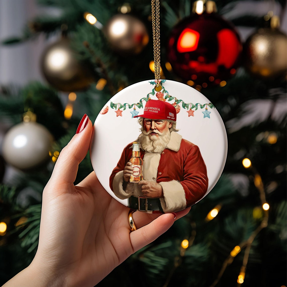 MAGA2024 Santa Make America Great Ceramic Ornament, Funny Trump Beer Ornament