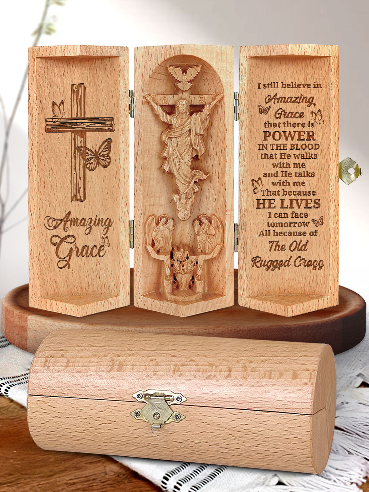 Amazing Grace Statue of Jesus Openable Wooden Cylinder Sculpture of Jesus Christ, Christian Gifts