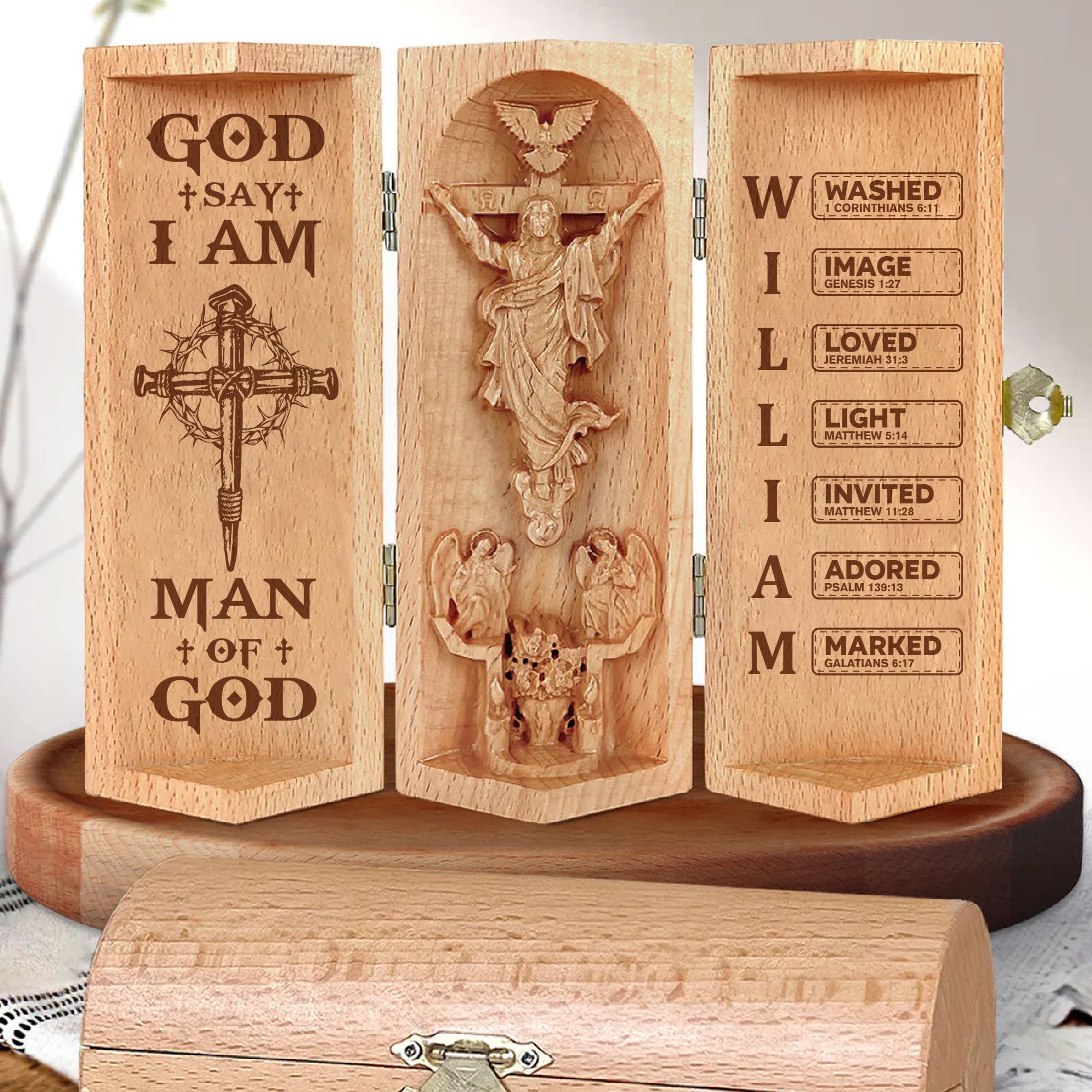 Man Of God Personalized Openable Wooden Cylinder Sculpture of Jesus Christ, Christian Gifts