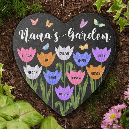 Personalized Garden Stone With Grandkids Name, Custom Name Heart Shaped Flower Plaque, Mother's Day Gift, Gift For Her, Garden Decor