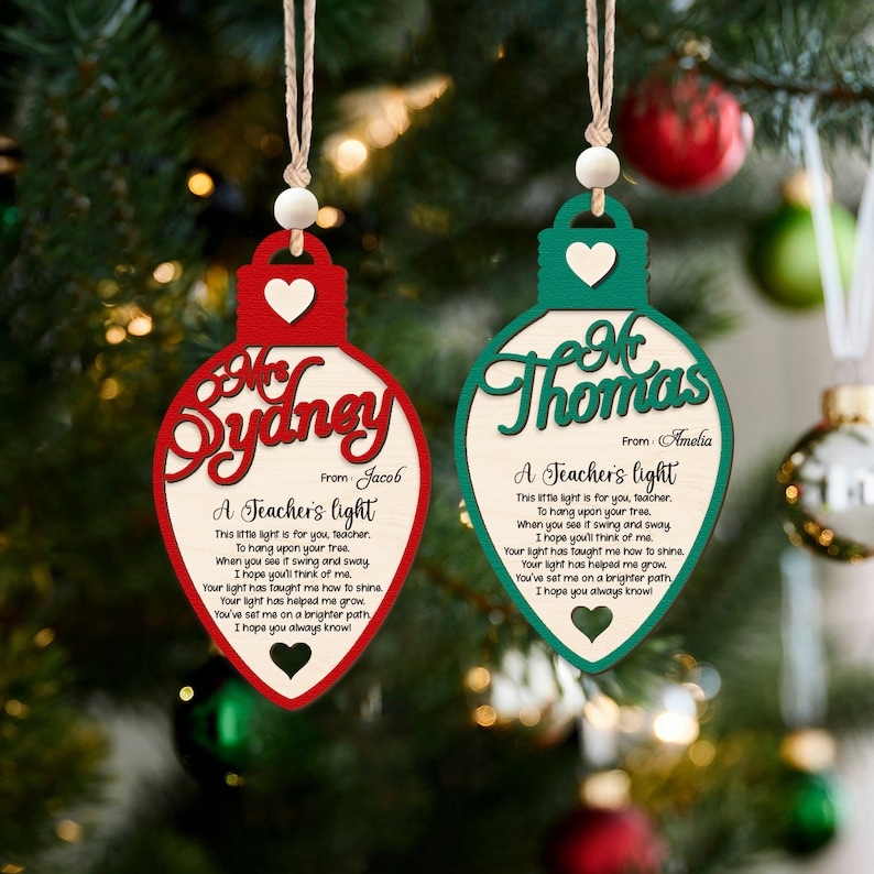 Personalized A Teachers Light Ornament, 2-Layer Wooden Ornament, Personalized Teacher Gifts