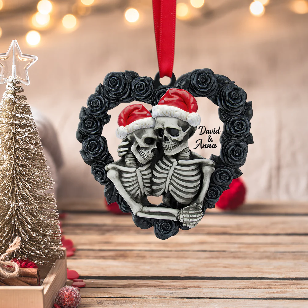 Skeleton Couple Heart Shape Ornaments, Lovers Skull Ornament, Skull Christmas Ornaments, Couple Gifts