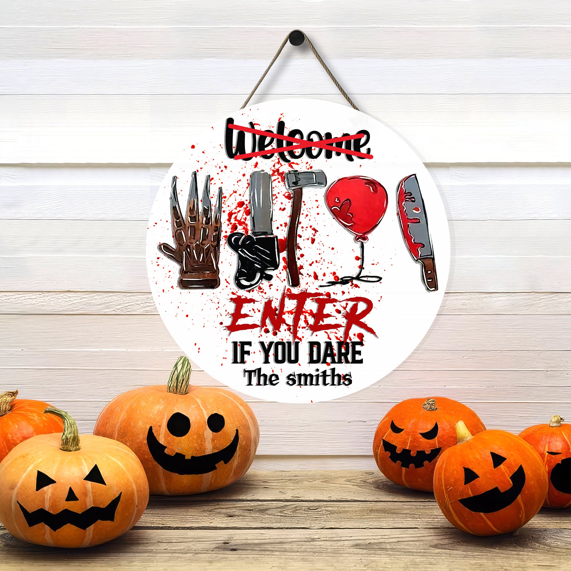 Enter If You Dare Personalized 2 Layered Round Wooden Welcome Signs, Halloween Decor