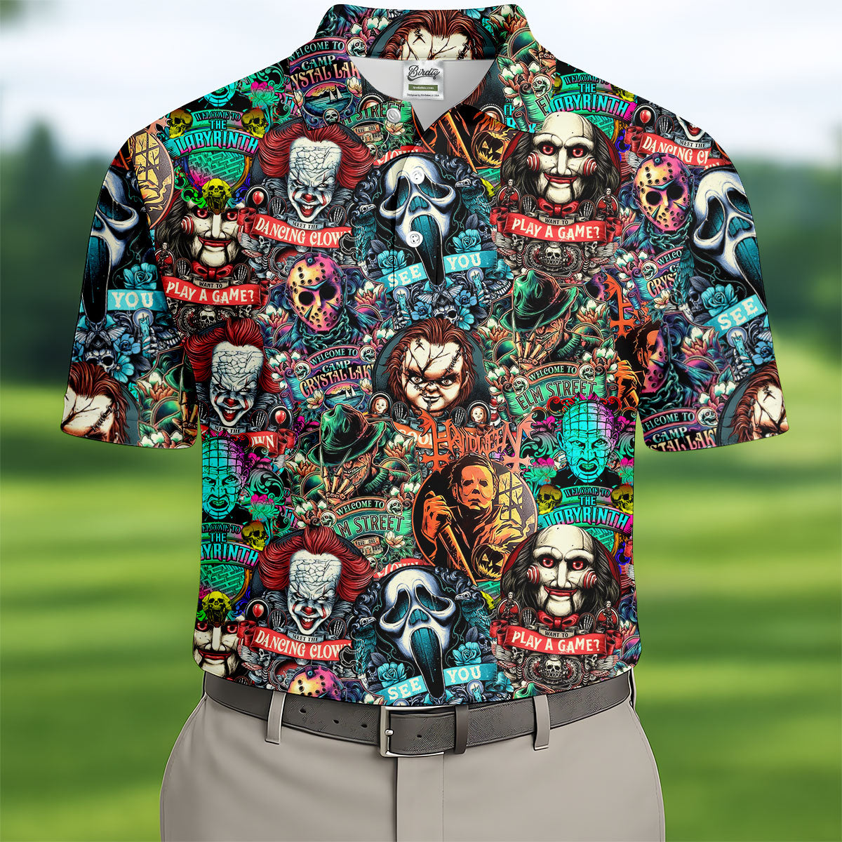 Play A Game Horror Character Golf Polo Shirt, Halloween Shirt For Men, Mens Golf Shirts
