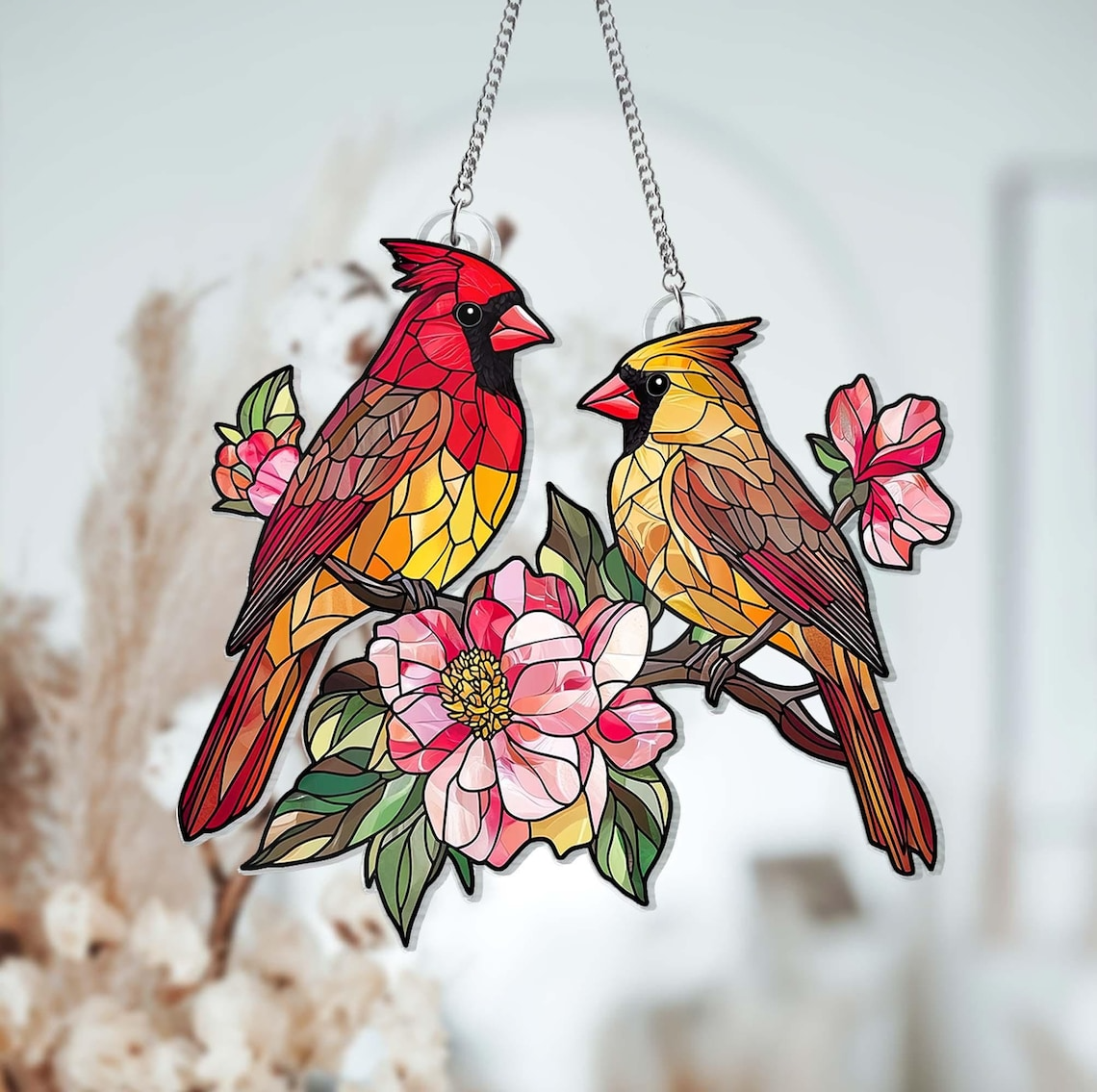 Cardinal Couple Suncatcher Ornament, Cardinal Suncatcher, Memorial Christmas Gift, Birds Decor