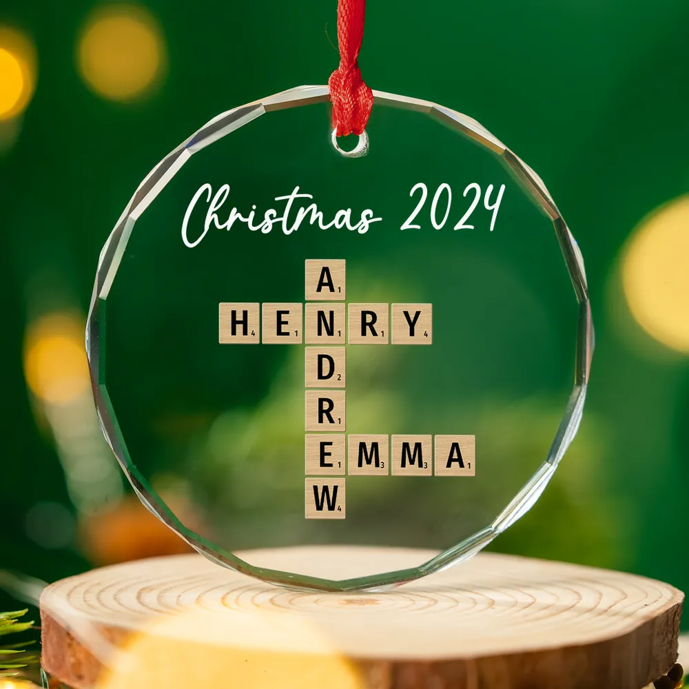 Personalized Crossword Family Names Glass Ornament, Family Christmas Ornament, Family Gift Ideas