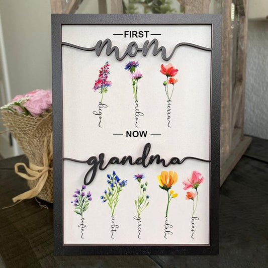Personalized Grandma's Garden Birth Month Flower Frame Wood Sign, First Mom Now Grandma Sign, Present For Grandma With Grandchildren Names