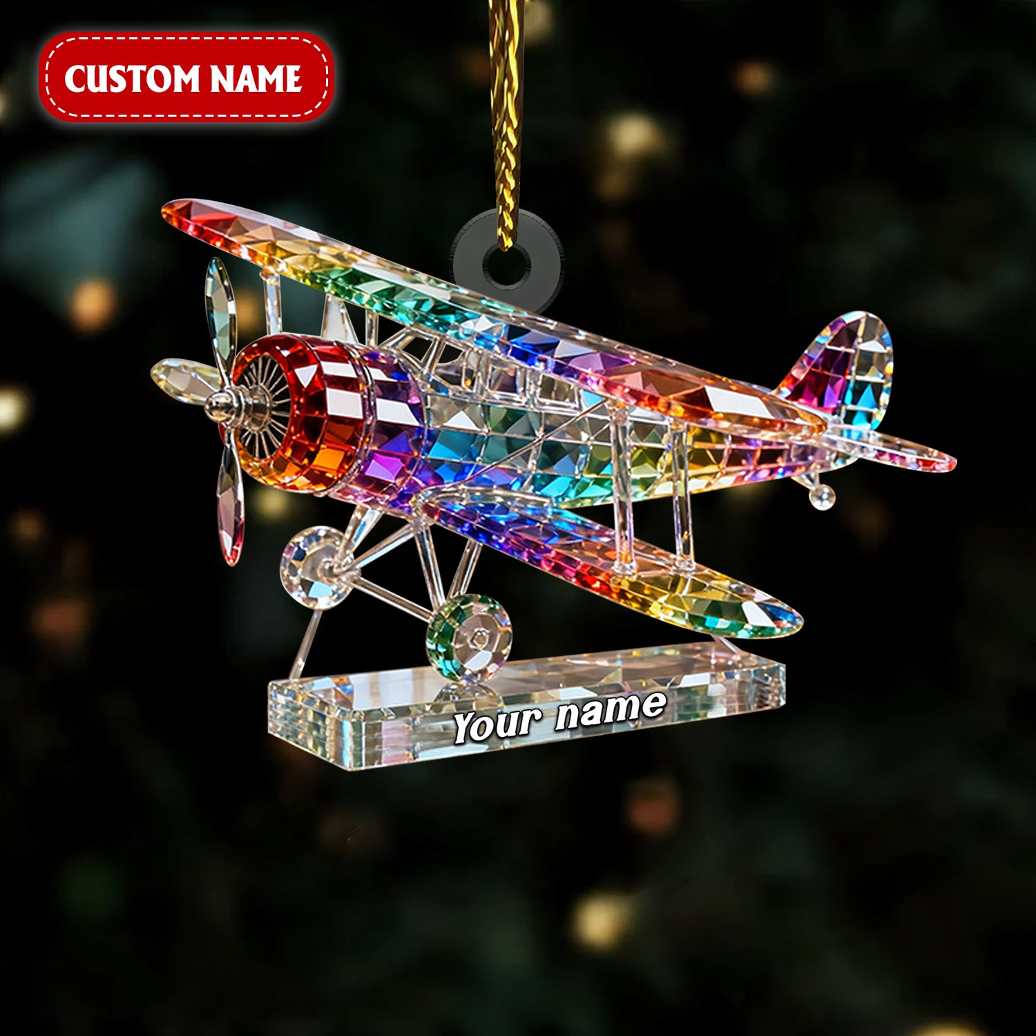 Retro Airplane Art Custom Name Stained Glass Effect Acrylic Christmas Ornament, Xmas Decor, Aviation Gifts