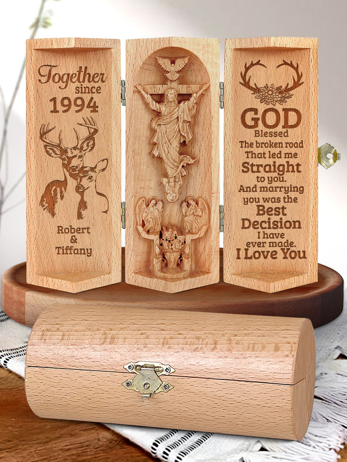 God Blessed The Broken Road Couple Deer Openable Wooden Cylinder Sculpture of Jesus Christ, Christian Gifts