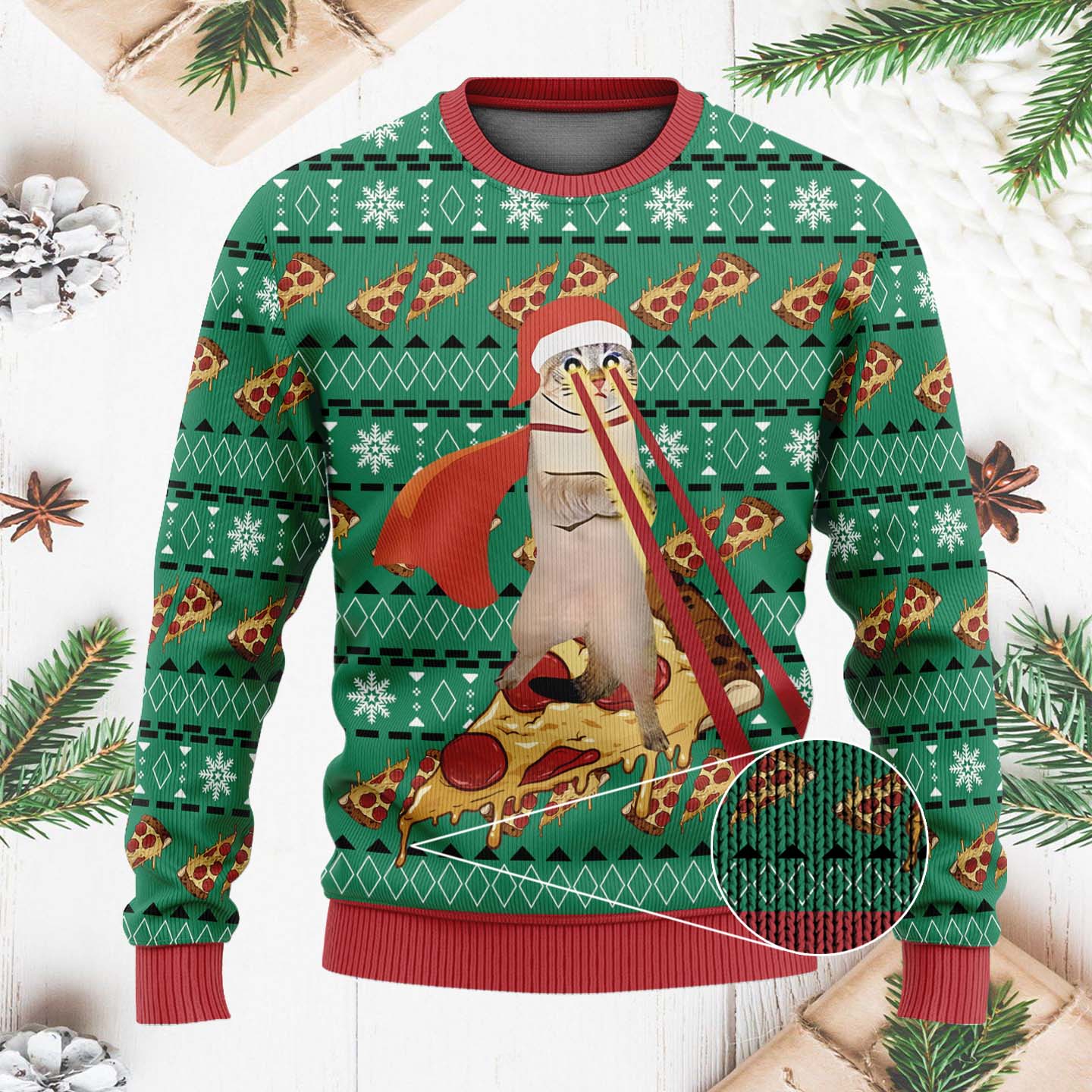 Pizza Cat Laser Funny Christmas Ugly Sweater, Gift For Cat Lovers