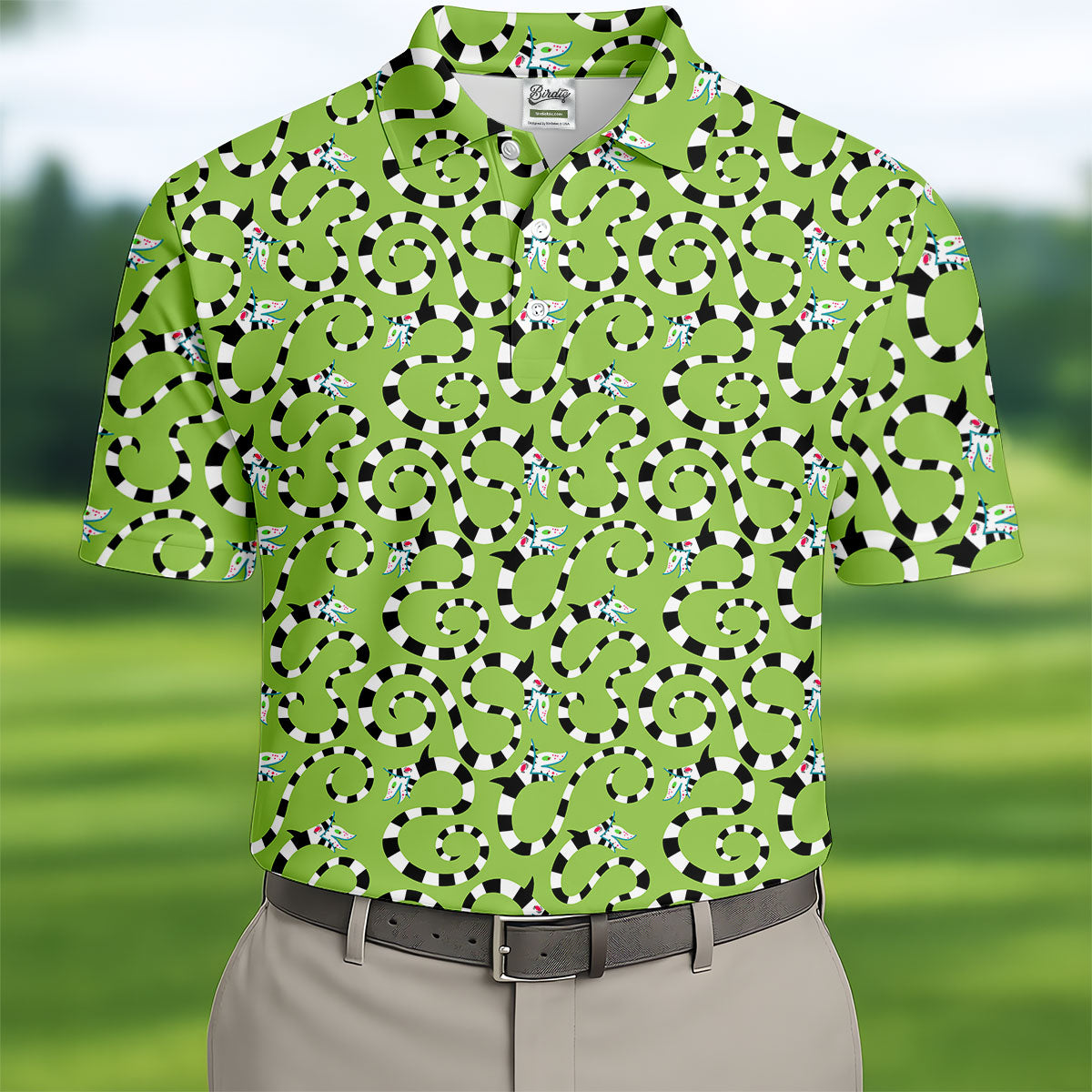 Striped Horror Creature Golf Polo Shirt, Golf Shirts For Men, Halloween Shirts For Men