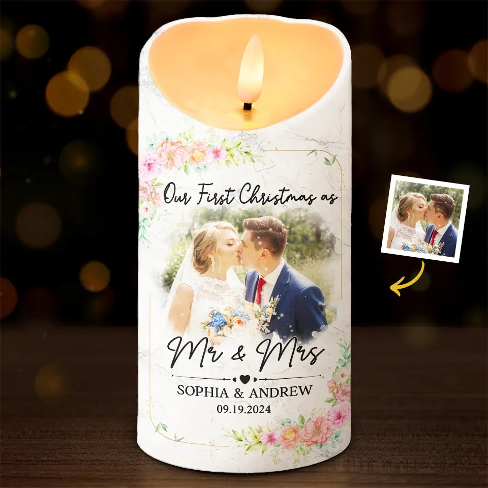 Custom Photo First Christmas As Mr And Mrs, Personalized LED Candle, New Wedding Gifts, Couple Valentines Gifts