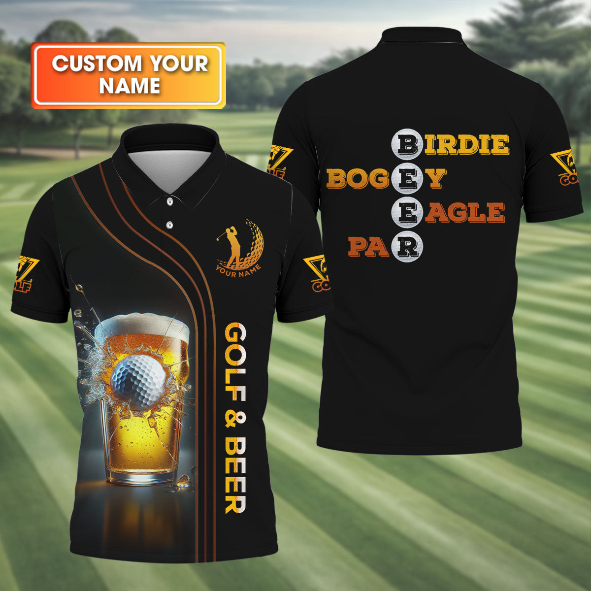 Golf & Beer Custom Men's Golf Polo Shirt, Funny Golf Shirt, Golf Presents For Dad