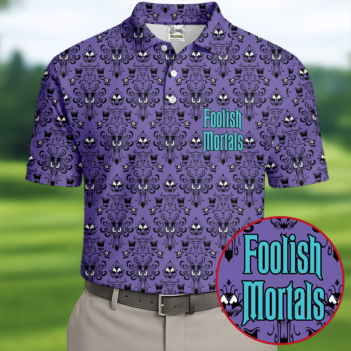 Foolish Mortals Haunted Pattern Golf Polo Shirt, Halloween Shirt For Men, Mens Golf Polo