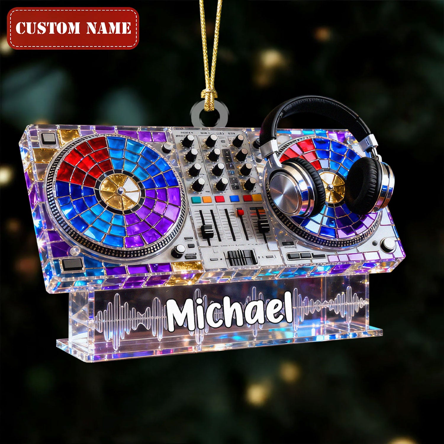 Custom Name Disc Jokey Stained Glass Effect Acrylic Christmas Ornament, Gift For DJ, Music Ornament
