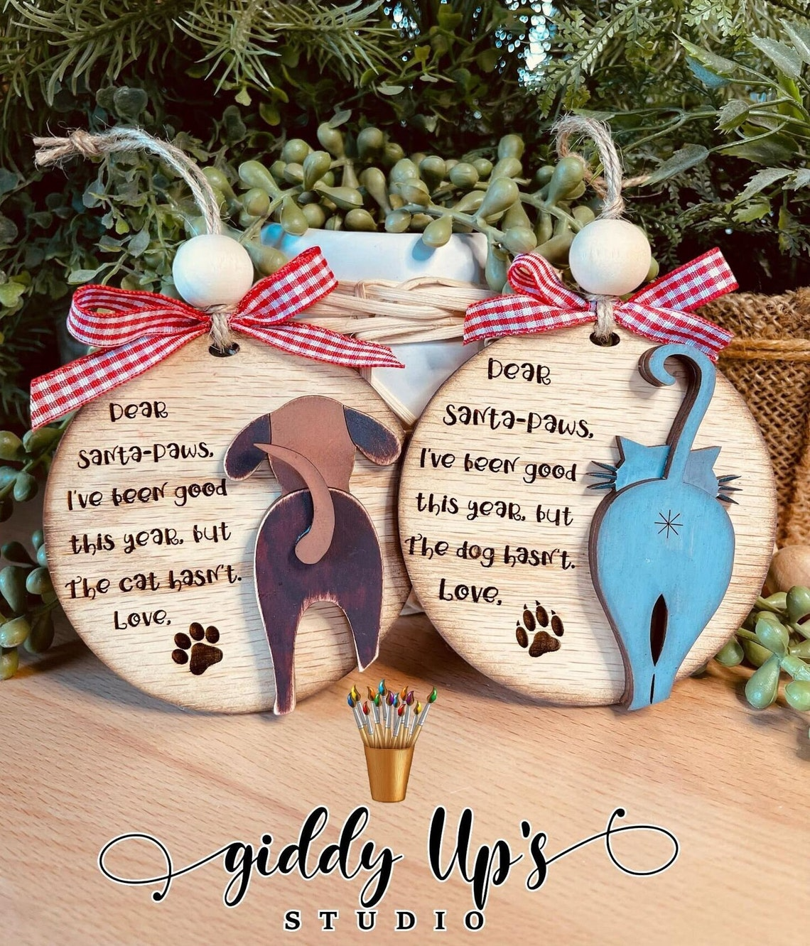 Pet Christmas Ornaments, Dog And Cat 2-layer Wooden Ornament, Pet Lover Gift, Christmas Gift