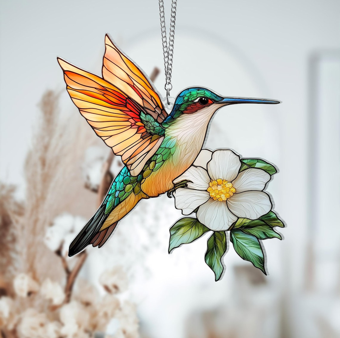 Hummingbirds And Flowers Suncatcher Ornament, Hummingbird Suncatcher, Bird Lovers Gift