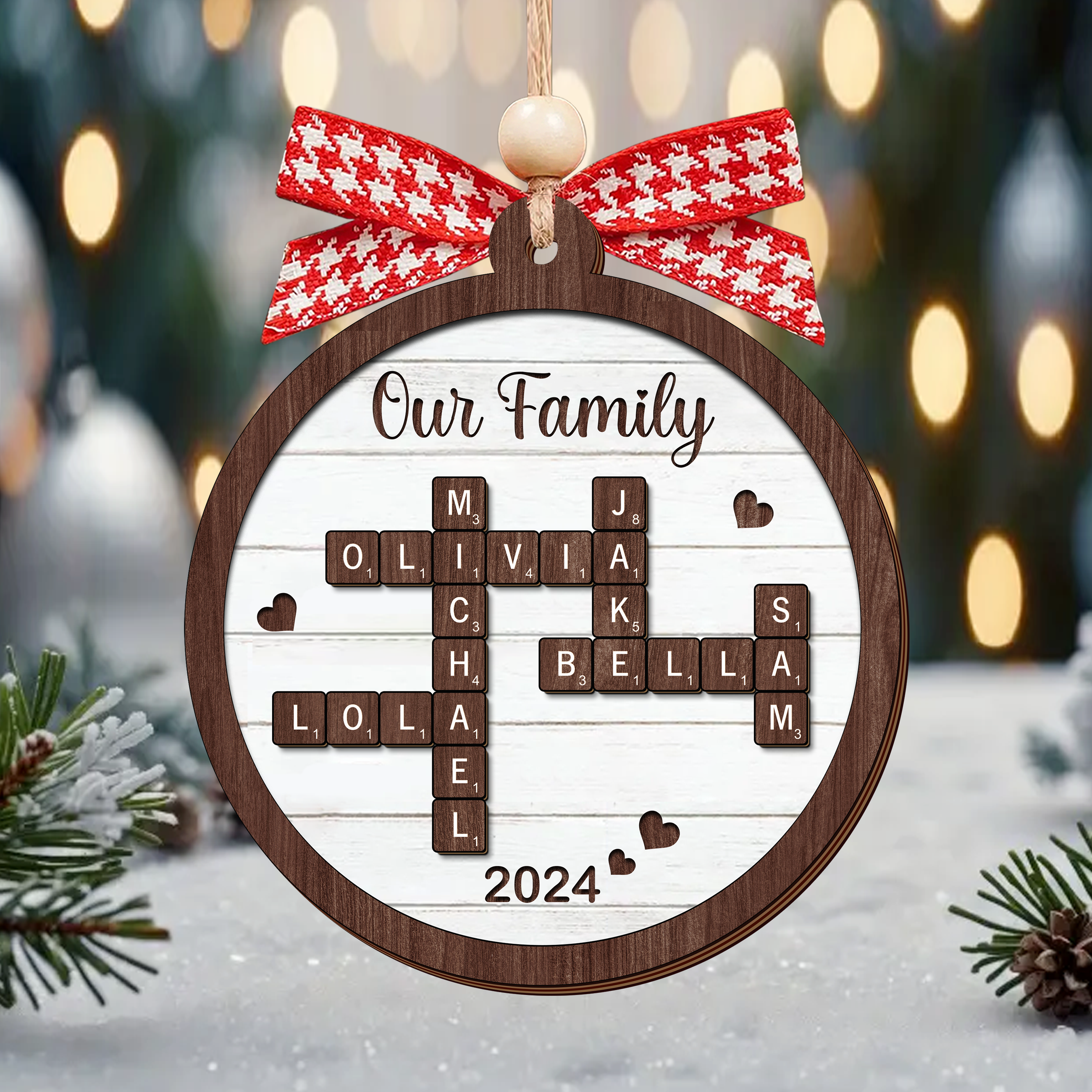 Personalized  Family Crossword Ornament, Bauble Ornament, 2-layer Wood Ornament, Christmas Gift