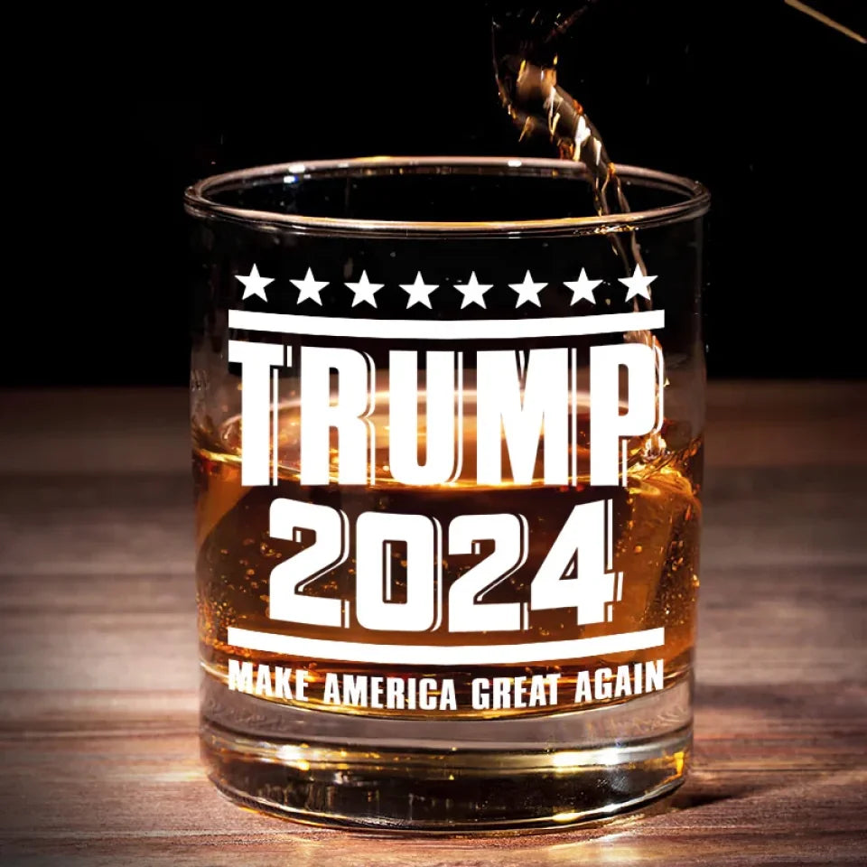 Trump Flag 2024 Making America Great Again Whiskey Glass, Old Fashioned Glass, Patriotic Gifts